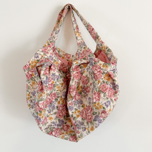90s Floral Print Fabric Bag | Fully Lined with Pink Fabric - Picture 3 of 7
